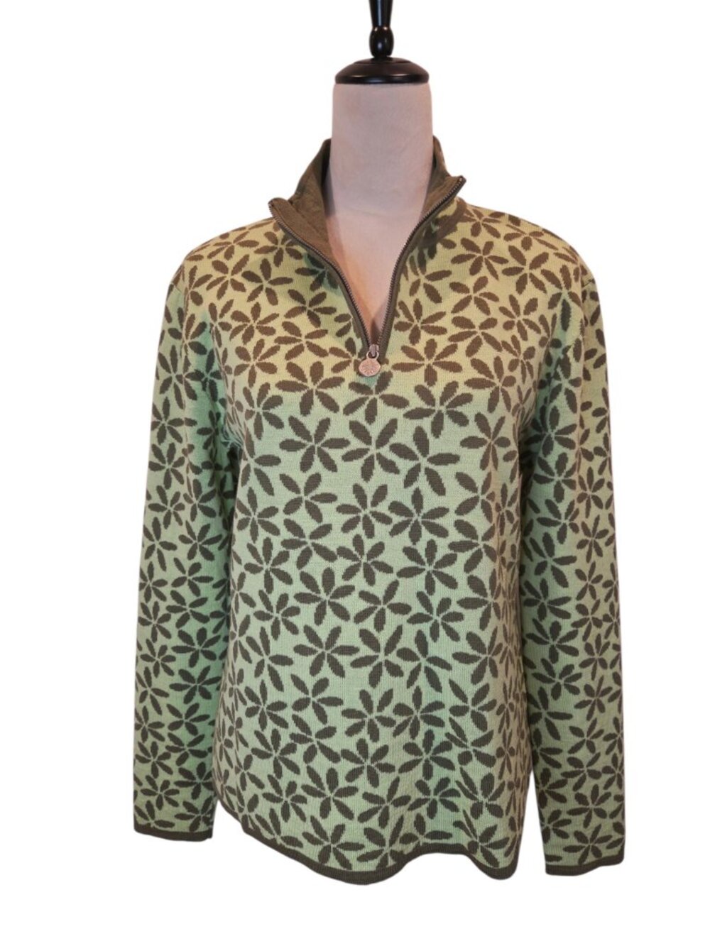 NEVE Designs Wool Ski Sweater Green Quarter Zip Floral Size L